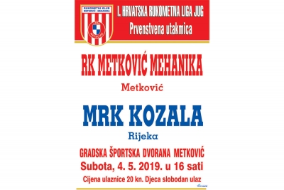 U subotu 4. 5.2019. u 16 sati RK Metković Mehanika dočekuje MRK Kozalu iz Rijeke