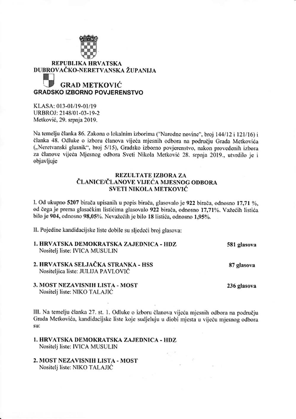 Rezultati izbora za lanove VMO 19
