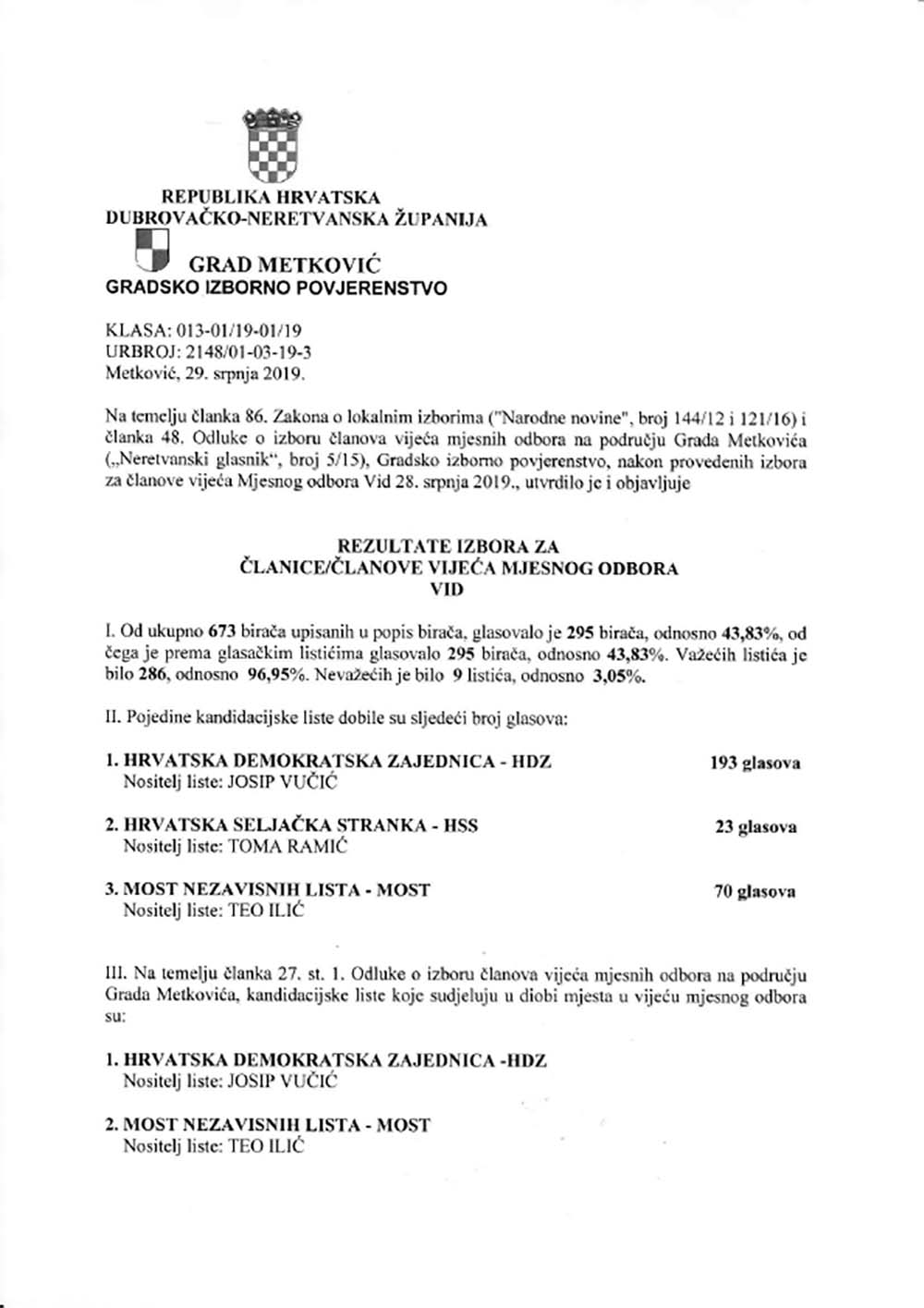 Rezultati izbora za lanove VMO 19